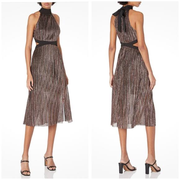 NWT BCBGeneration Mock Neck Bow Back Midi Dress Size 10 Metallic Striped Cut Out - Picture 8 of 14